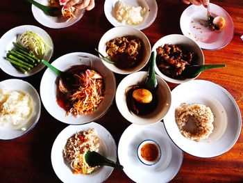 High angle view of food served on table