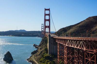 View of suspension bridge over sea