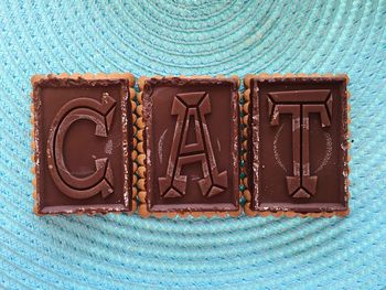 Directly above shot of alphabets on chocolates