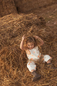 High angle view of cute girl on field