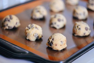 Close-up of chocolate chip cookies on tray