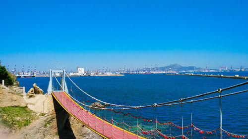 Scenic view of sea against clear blue sky