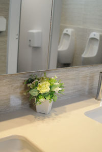 Flower vase by sink in bathroom