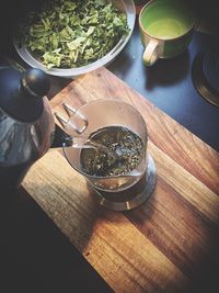 High angle view of drink on table