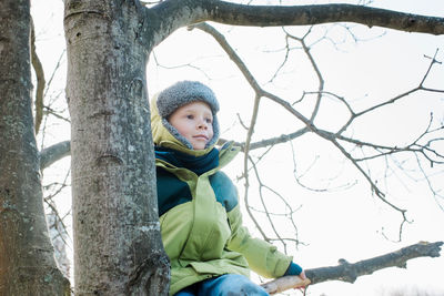 Young boy looking happy climbing a tree on a beautiful winters day