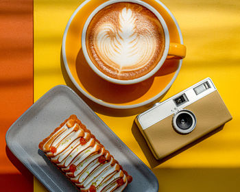 High angle view of coffee on table