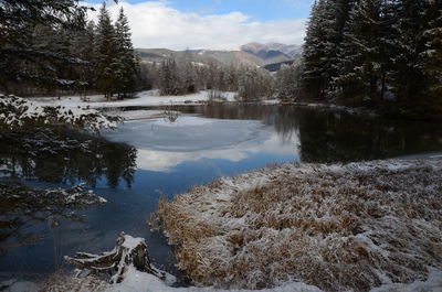 Frozen lake by trees against sky