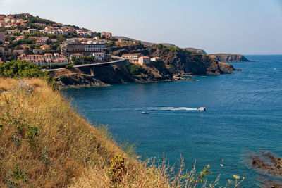 High angle view of sea against clear sky