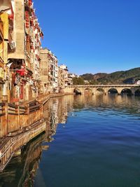 Bridge over river by buildings against clear blue sky