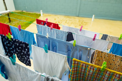 High angle view of laundry drying on clothesline