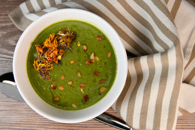 High angle view of soup in bowl on table