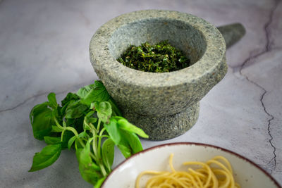 High angle view of vegetables on table