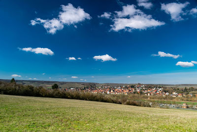 Scenic view of field against blue sky