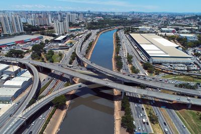 High angle view of elevated road amidst buildings in city