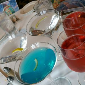 High angle view of wine glasses on table