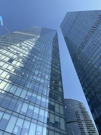 Low angle view of modern buildings against clear sky
