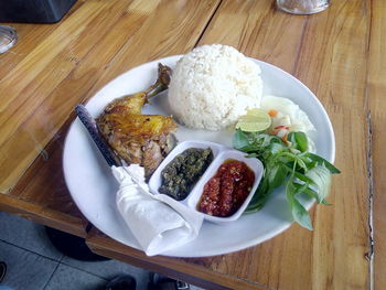 High angle view of breakfast served on table