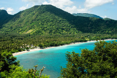 Scenic view of sea and mountains against sky