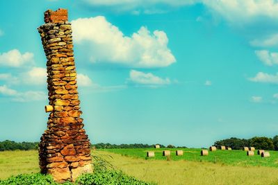 Scenic view of farm against sky