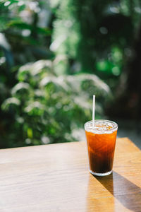 Close-up of drink on wooden table against plants