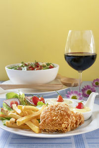 Close-up of food served on table