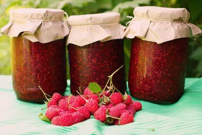 Close-up of strawberries in basket on table