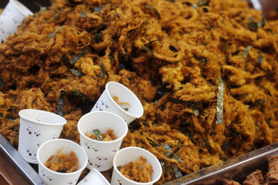 High angle view of breakfast on table