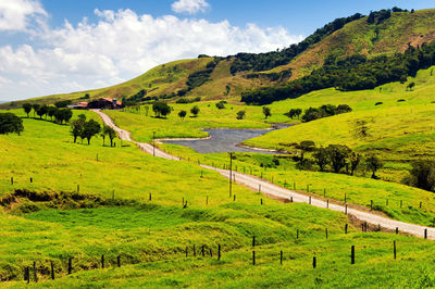 Scenic view of green landscape against sky