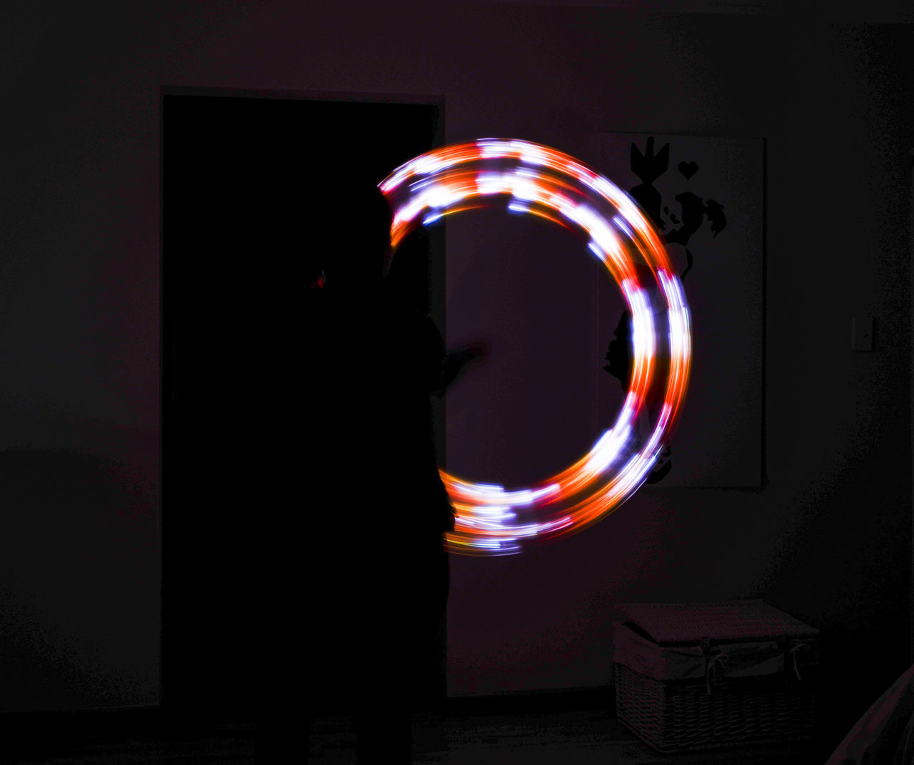 light, illuminated, darkness, circle, night, number, lighting, geometric shape, shape, no people, glowing, arts culture and entertainment, font, indoors, red, neon, long exposure, black