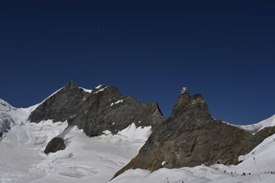 Scenic view of snowcapped mountains against clear blue sky