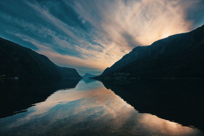 Scenic view of lake against sky during sunset