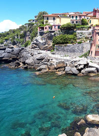 Scenic view of sea by buildings