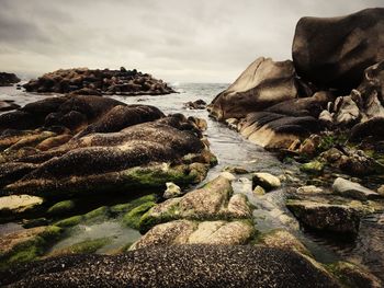 Rocks on beach against sky