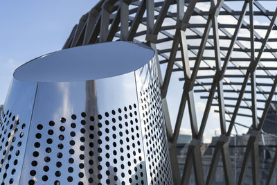 Abstract contemporary architecture details, white iron awning, steel beam frame with blue sky