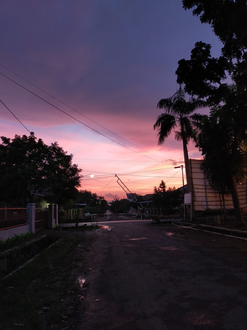 SILHOUETTE TREES BY ROAD AGAINST SKY DURING SUNSET