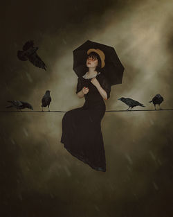 Digital composite image of woman with bird flying against sky