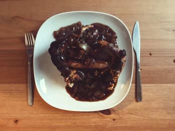 High angle view of food in plate on table