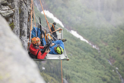 High angle view of people on mountain