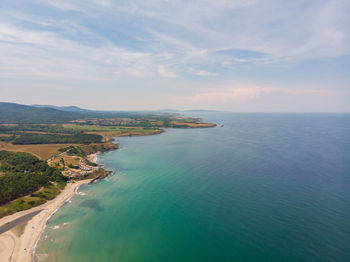 High angle view of bay against sky