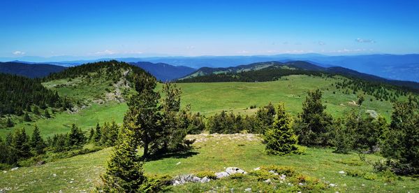 Scenic view of landscape and mountains against blue sky