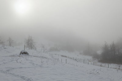 Scenic view of snow covered land against sky