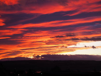 Scenic view of silhouette landscape against dramatic sky during sunset