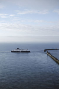 High angle view of ship sailing on sea against sky