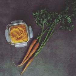 Directly above shot of carrots by food in container on concrete floor