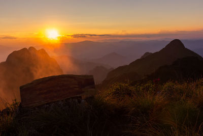 Scenic view of mountains against sky during sunset