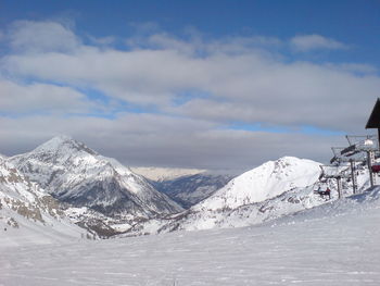 Scenic view of snow covered mountains against sky
