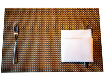 High angle view of fork on table