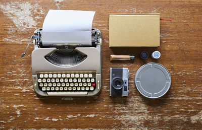 High angle view of camera on table