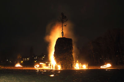 Illuminated firework by trees against sky at night