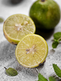 High angle view of lemon slice on table